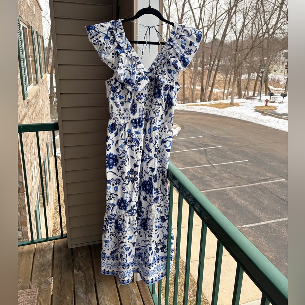 🆕🫐Adrianna Papell Blue White Floral Ruffle Midi Dress Waist Cottagecore 14 NWT - Picture 4 of 17